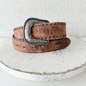 NEW Lane Boots Western Belt SM Womens Latte Suede Cowgirl Silver Buckle 1.5 in